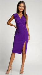 Midi Cocktail Dress | Stretch Polyester | Pleated Bodice & Slit