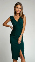 Midi Cocktail Dress | Stretch Polyester | Pleated Bodice & Slit