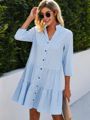 Tiered Mini Shirt Dress | Cotton Blend | Button-Down & 3/4 Sleeves