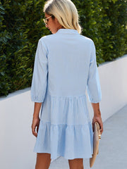 Tiered Mini Shirt Dress | Cotton Blend | Button-Down & 3/4 Sleeves